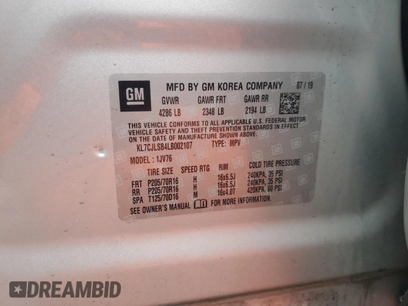 2020 Chevrolet Trax LT z VIN KL7CJLSB4LB002107, wystawiony jako Copart lot #44895795 z przebiegiem 54 553 mil mil oraz Szkoda całkowita • Salvage title. Historia ofert i sprzedaży dostępna na DreamBid. Obrazek 13.