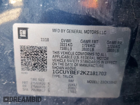 2019 Chevrolet Silverado 1500 Custom with VIN 1GCUYBEF2KZ181703, listed as a Copart auction lot 83764894 with 114,948 mi miles and Salvage Title. Bid and sale history available at DreamBid. Image 12.
