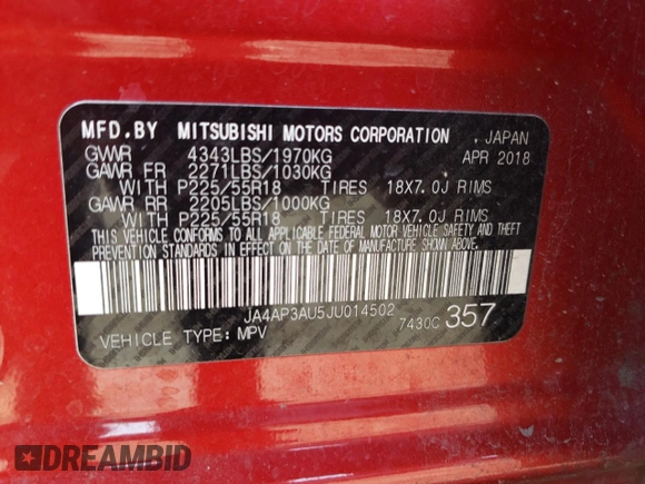 2018 Mitsubishi Outlander ES with VIN JA4AP3AU5JU014502, listed as a Copart auction lot 56117945 with 83,751 mi miles and Salvage title. Bid and sale history available at DreamBid. Image 14.