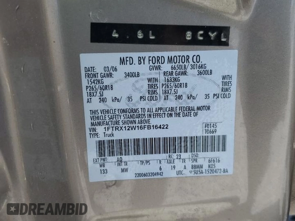 2006 Ford F-150 STX with VIN 1FTRX12W16FB16422, listed as a Copart auction lot 62468955 with 203,721 mi miles and Salvage title. Bid and sale history available at DreamBid. Image 12.