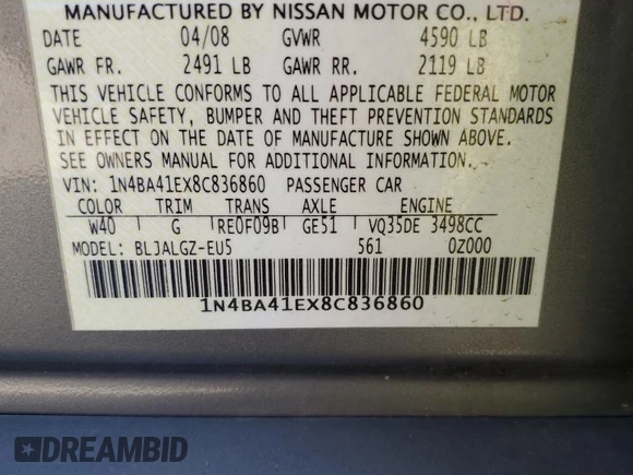 2008 Nissan Maxima 3.5 SL with VIN 1N4BA41EX8C836860, listed as a Copart auction lot 73233824 with 0 mi miles and Salvage Title. Bid and sale history available at carsss.com. Image 15.
