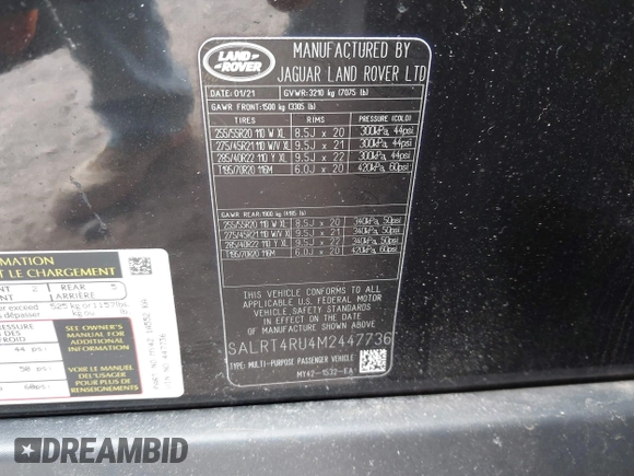 2021 Land Rover Discovery with VIN SALRT4RU4M2447736, listed as a IAAI auction lot 41795464 with 20,818 mi miles and . Bid and sale history available at DreamBid. Image 9.