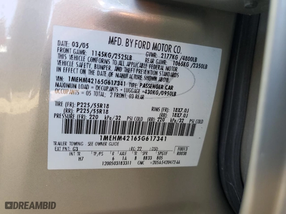 2005 Mercury Montego Premier with VIN 1MEHM42165G617341, listed as a Copart auction lot 88297195 with 82,384 mi miles and Salvage Title. Bid and sale history available at carsss.com. Image 12.