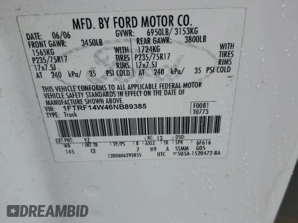 2006 Ford F-150 XL with VIN 1FTRF14W46NB89385, listed as a Copart auction lot 58761955 with 273,299 mi miles and Clean title. Bid and sale history available at DreamBid. Image 12.