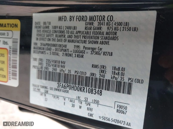 2019 Ford Fusion SE with VIN 3FA6P0HD0KR108348, listed as a IAAI auction lot 41689127 with 111,765 mi miles. Bid and sale history available at carsss.com. Image 9.