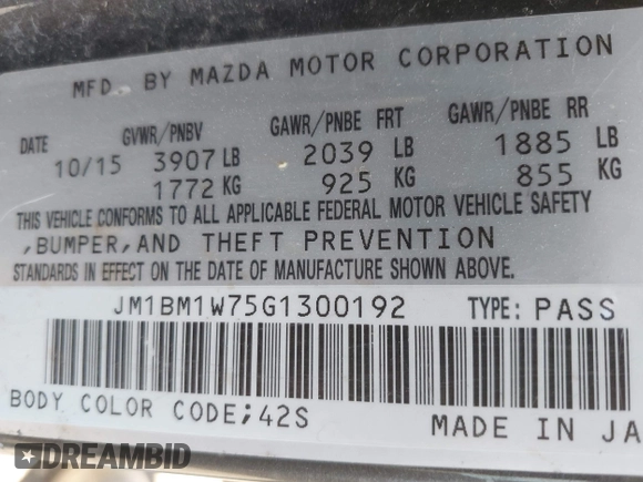 2016 Mazda 3 i Touring with VIN JM1BM1W75G1300192, listed as a IAAI auction lot 42203233 with 53,169 mi miles and . Bid and sale history available at DreamBid. Image 9.