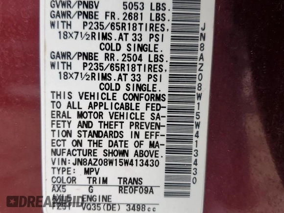 2005 Nissan Murano SL with VIN JN8AZ08W15W413430, listed as a Copart auction lot 52550105 with 156,401 mi miles and Salvage Title. Bid and sale history available at DreamBid. Image 13.