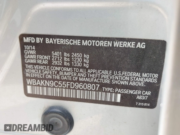 2015 BMW 5 Series 550i with VIN WBAKN9C55FD960807, listed as a IAAI auction lot 42640043 with 129,641 mi miles and . Bid and sale history available at DreamBid. Image 9.