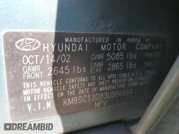 2003 Hyundai Santa Fe GLS z VIN KM8SC13D83U386664, wystawiony jako Copart lot #60544695 z przebiegiem 365 504 mil mil oraz Czysty tytuł • Clean title. Historia ofert i sprzedaży dostępna na DreamBid. Obrazek 13.