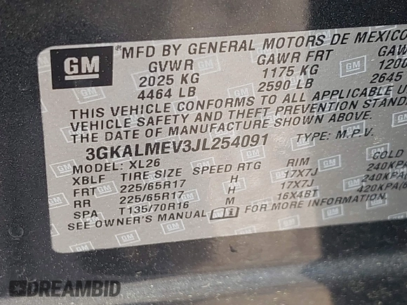 2018 GMC Terrain SLE with VIN 3GKALMEV3JL254091, listed as a IAAI auction lot 42008693 with 118,927 mi miles and . Bid and sale history available at carsss.com. Image 9.