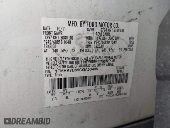 2012 Ford Explorer XLT with VIN 1FMHK7D89CGA53406, listed as a IAAI auction lot 42359907 with 279,522 mi miles and . Bid and sale history available at DreamBid. Image 9.