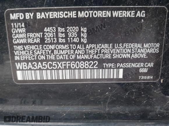 2015 BMW 3 Series 328i with VIN WBA3A5C5XFF608822, listed as a IAAI auction lot 41439719 with 71,830 mi miles. Bid and sale history available at carsss.com. Image 9.