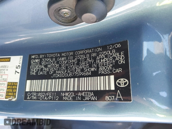 2007 Toyota Prius z VIN JTDKB20U877599684, wystawiony jako IAAI lot #42347217 z przebiegiem 276 996 mil mil oraz . Historia ofert i sprzedaży dostępna na DreamBid. Obrazek 9.