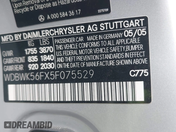 2005 Mercedes-Benz SLK 230/320 z VIN WDBWK56FX5F075529, wystawiony jako IAAI lot #41535391 z przebiegiem 104 792 mil mil oraz . Historia ofert i sprzedaży dostępna na DreamBid. Obrazek 9.