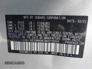 2021 Subaru Legacy Sport with VIN 4S3BWAH63M3016834, listed as a IAAI auction lot 41260900 with 47,219 mi miles. Bid and sale history available at carsss.com. Image 9.
