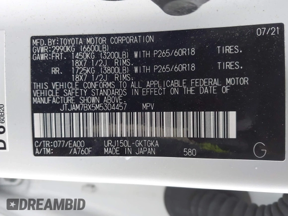 2021 Lexus GX 460 Premium z VIN JTJAM7BX5M5304457, wystawiony jako IAAI lot #41532034 z przebiegiem 66 278 mil mil oraz . Historia ofert i sprzedaży dostępna na DreamBid. Obrazek 9.