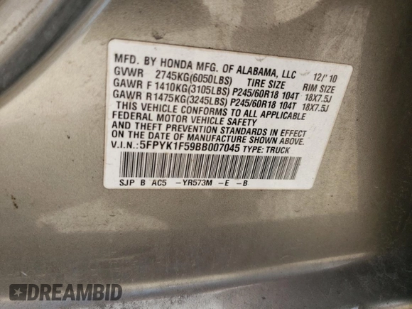 2011 Honda Ridgeline RTL with VIN 5FPYK1F59BB007045, listed as a Copart auction lot 61263715 with 159,527 mi miles and Clean title. Bid and sale history available at DreamBid. Image 13.