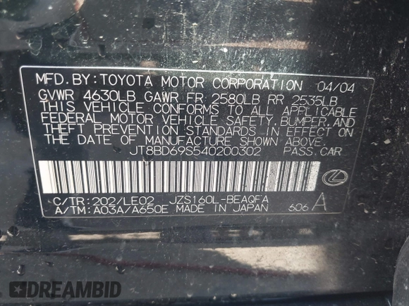 2004 Lexus GS 300 z VIN JT8BD69S540200302, wystawiony jako IAAI lot #42246209 z przebiegiem 205 093 mil mil oraz . Historia ofert i sprzedaży dostępna na DreamBid. Obrazek 9.