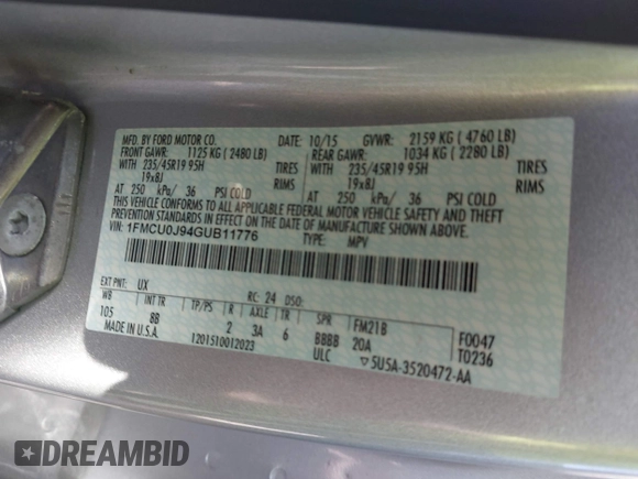 2016 Ford Escape Titanium with VIN 1FMCU0J94GUB11776, listed as a IAAI auction lot 41945655 with 119,949 mi miles. Bid and sale history available at carsss.com. Image 9.