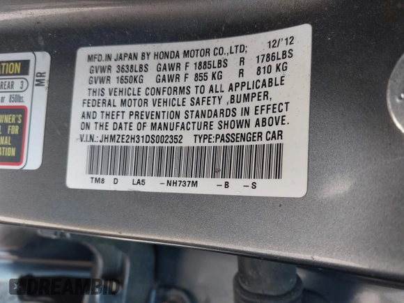 2013 Honda Insight with VIN JHMZE2H31DS002352, listed as a IAAI auction lot 42551515 with 148,393 mi miles and . Bid and sale history available at DreamBid. Image 9.