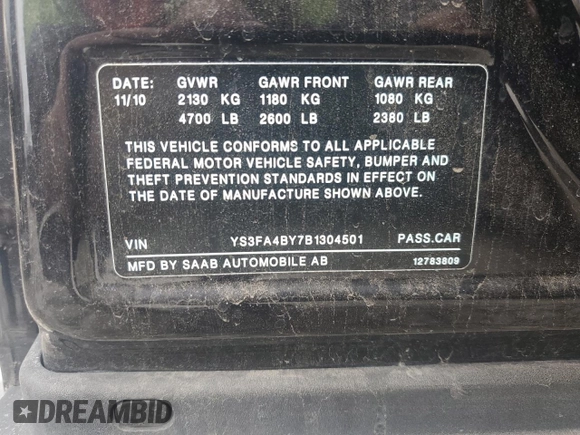 2011 Saab 9-3 z VIN YS3FA4BY7B1304501, wystawiony jako Copart lot #47281355 z przebiegiem Nie podano mil oraz Tytuł czysty. Historia ofert i sprzedaży dostępna na DreamBid. Obrazek 12.