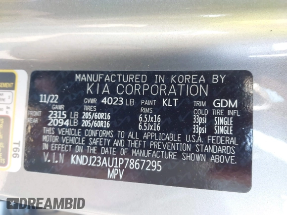 2023 Kia Soul LX with VIN KNDJ23AU1P7867295, listed as a IAAI auction lot 40041502 with 25,231 mi miles and . Bid and sale history available at DreamBid. Image 9.