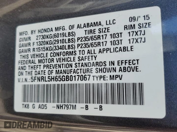2016 Honda Odyssey EX-L z VIN 5FNRL5H65GB017067, wystawiony jako Copart lot #58424235 z przebiegiem 89 988 mil mil oraz Szkoda całkowita • Salvage title. Historia ofert i sprzedaży dostępna na DreamBid. Obrazek 13.