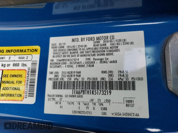 2019 Ford Mustang EcoBoost with VIN 1FA6P8TH1K5173219, listed as a Copart auction lot 52612465 with 53,752 mi miles and Salvage Title. Bid and sale history available at carsss.com. Image 14.