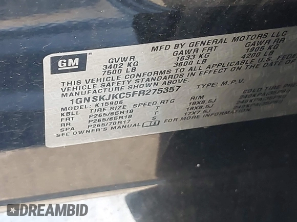 2015 Chevrolet Suburban LT with VIN 1GNSKJKC5FR275357, listed as a IAAI auction lot 42229934 with 359,009 mi miles and . Bid and sale history available at DreamBid. Image 9.