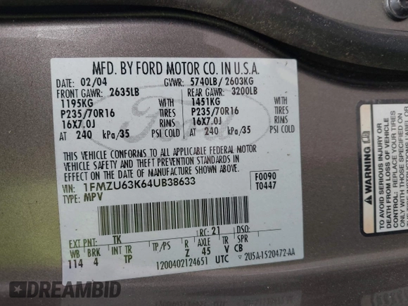 2004 Ford Explorer XLT z VIN 1FMZU63K64UB38633, wystawiony jako IAAI lot #41647422 z przebiegiem 232 857 mil mil oraz . Historia ofert i sprzedaży dostępna na DreamBid. Obrazek 9.