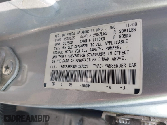 2009 Honda Accord EX-L with VIN 1HGCP36839A027421, listed as a IAAI auction lot 40128806 with 198,610 mi miles and . Bid and sale history available at DreamBid. Image 9.