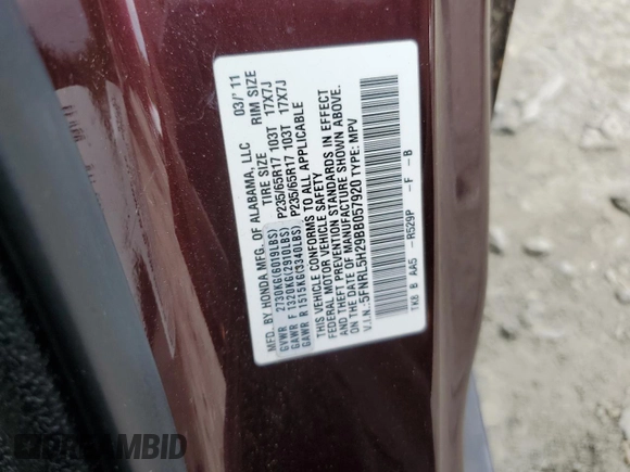 2011 Honda Odyssey LX z VIN 5FNRL5H29BB057920, wystawiony jako Copart lot #56433905 z przebiegiem 143 551 mil mil oraz Szkoda całkowita • Salvage title. Historia ofert i sprzedaży dostępna na DreamBid. Obrazek 13.