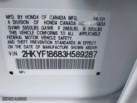 2003 Honda Pilot EX with VIN 2HKYF18683H589287, listed as a IAAI auction lot 41487770 with 177,907 mi miles. Bid and sale history available at carsss.com. Image 9.