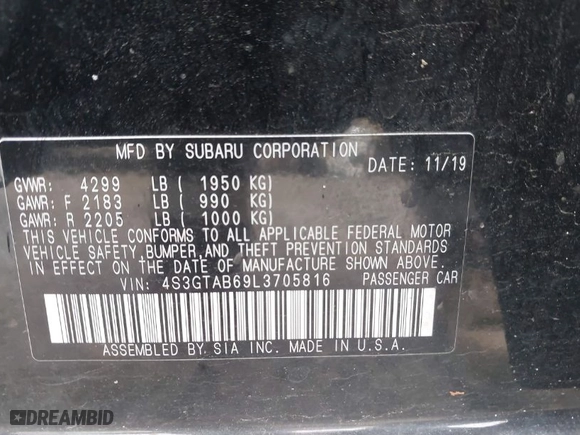 2020 Subaru Impreza with VIN 4S3GTAB69L3705816, listed as a IAAI auction lot 41929164 with 56,908 mi miles. Bid and sale history available at carsss.com. Image 9.