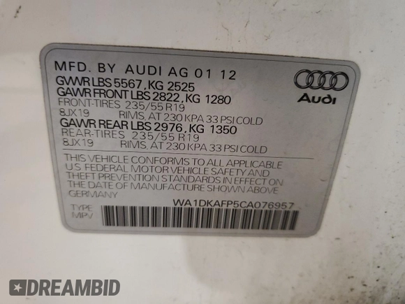 2012 Audi Q5 3.2L Premium Plus with VIN WA1DKAFP5CA076957, listed as a Copart auction lot 88520905 with 86,369 mi miles and Salvage Title. Bid and sale history available at carsss.com. Image 14.