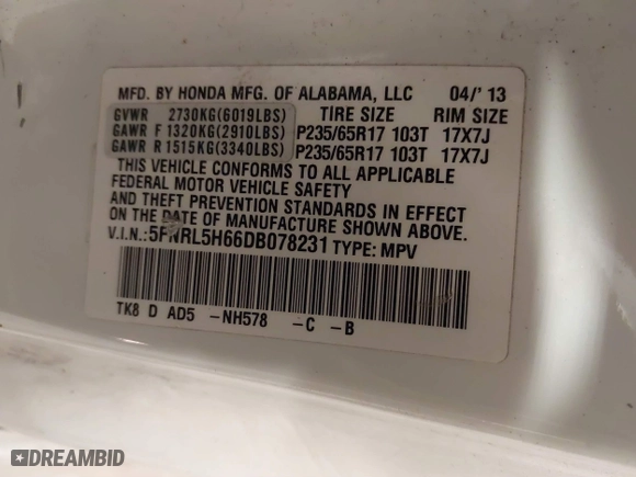 2013 Honda Odyssey EX-L with VIN 5FNRL5H66DB078231, listed as a IAAI auction lot 41883274 with 1 mi miles. Bid and sale history available at carsss.com. Image 9.