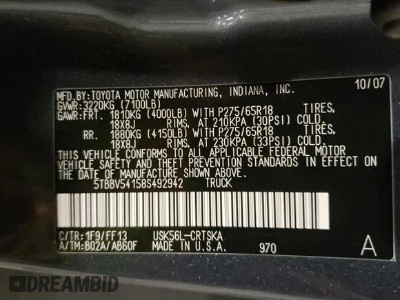2008 Toyota Tundra z VIN 5TBBV54158S492942, wystawiony jako Copart lot #55522155 z przebiegiem 179 105 mil mil oraz Szkoda całkowita • Salvage title. Historia ofert i sprzedaży dostępna na DreamBid. Obrazek 12.