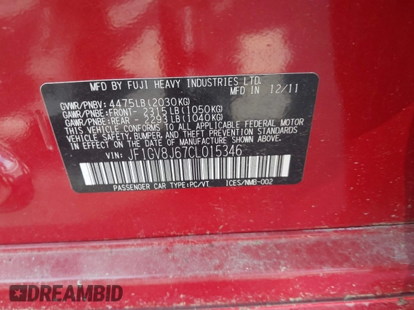 2012 Subaru WRX WRX STI with VIN JF1GV8J67CL015346, listed as a IAAI auction lot 42611906 with 173,917 mi miles and . Bid and sale history available at DreamBid. Image 9.