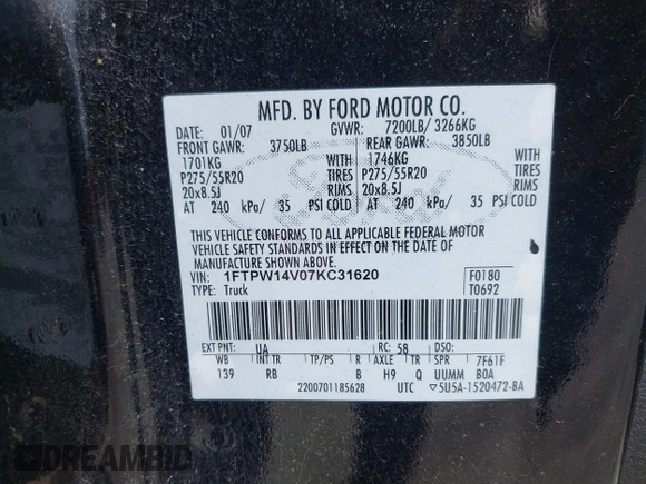 2007 Ford F-150 XLT z VIN 1FTPW14V07KC31620, wystawiony jako IAAI lot #42713583 z przebiegiem 149 129 mil mil oraz . Historia ofert i sprzedaży dostępna na DreamBid. Obrazek 9.