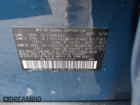 2025 Subaru Outback Wilderness with VIN 4S4BTGUD4S3161499, listed as a IAAI auction lot 42363961 with 13,293 mi miles and . Bid and sale history available at DreamBid. Image 9.