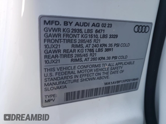 2023 Audi Q8 Premium with VIN WA1AVBF1XPD019640, listed as a Copart auction lot 67341524 with 7,426 mi miles and Salvage title. Bid and sale history available at DreamBid. Image 12.