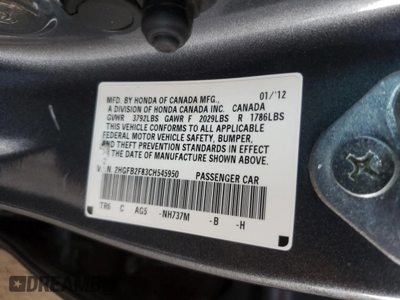 2012 Honda Civic EX with VIN 2HGFB2F83CH545950, listed as a Copart auction lot 52425815 with 91,623 mi miles and Salvage Title. Bid and sale history available at DreamBid. Image 12.