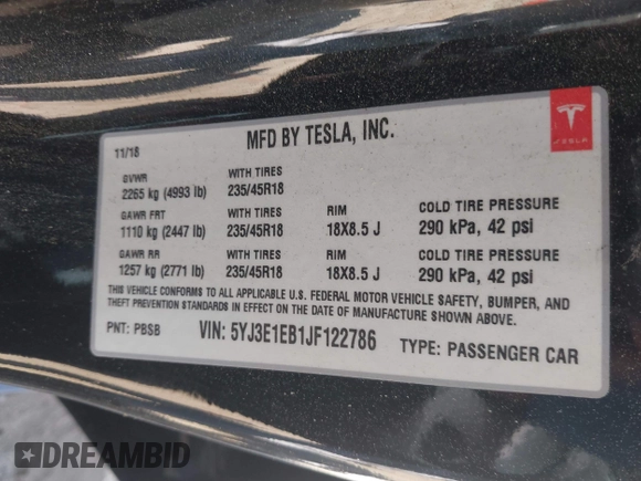 2018 Tesla Model 3 Long Range Battery with VIN 5YJ3E1EB1JF122786, listed as a IAAI auction lot 42010451 with 85,510 mi miles and . Bid and sale history available at DreamBid. Image 9.