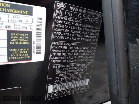 2014 Land Rover Range Rover Sport HSE with VIN SALWR2WF8EA335119, listed as a IAAI auction lot 42133225 with 72,981 mi miles and . Bid and sale history available at DreamBid. Image 9.