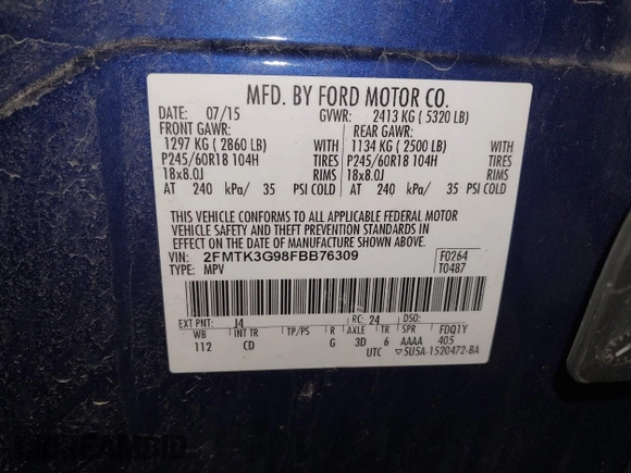 2015 Ford Edge SE with VIN 2FMTK3G98FBB76309, listed as a IAAI auction lot 42213403 with 58,237 mi miles and . Bid and sale history available at DreamBid. Image 9.