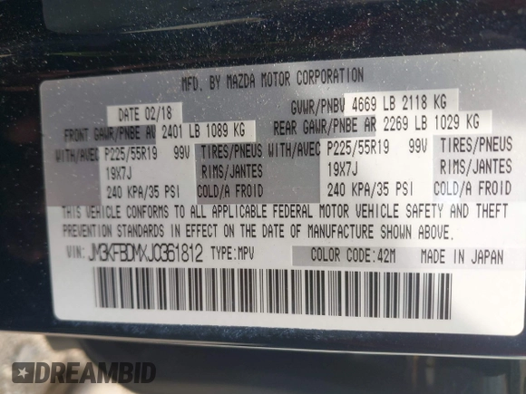 2018 Mazda CX-5 Grand Touring with VIN JM3KFBDMXJ0361812, listed as a IAAI auction lot 42509752 with 131,386 mi miles and . Bid and sale history available at DreamBid. Image 9.