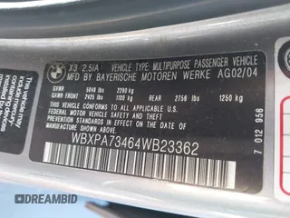 2004 BMW X3 2.5i with VIN WBXPA73464WB23362, listed as a IAAI auction lot 39553607 with Not Provided miles and . Bid and sale history available at DreamBid. Image 9.