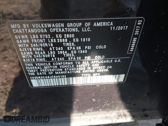 2018 Volkswagen Atlas SE with VIN 1V2DR2CA9JC540162, listed as a IAAI auction lot 41631056 with 80,802 mi miles and . Bid and sale history available at DreamBid. Image 9.
