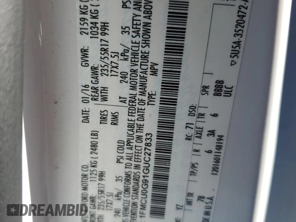 2016 Ford Escape SE with VIN 1FMCU0G91GUC27833, listed as a Copart auction lot 42759215 with 123,425 mi miles and Salvage Title. Bid and sale history available at carsss.com. Image 13.