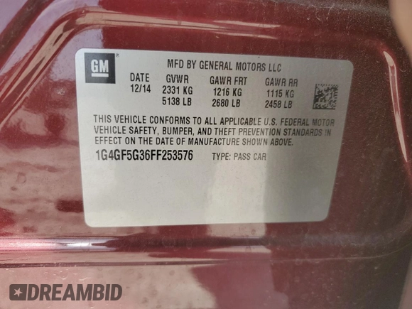 2015 Buick LaCrosse Premium II with VIN 1G4GF5G36FF253576, listed as a Copart auction lot 48035405 with 125,285 mi miles and Salvage Title. Bid and sale history available at DreamBid. Image 14.